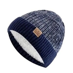 Unisex Fleece Lined Warm Winter Blue Knit Skull Cap Beanie Hat One Size Outdoor‎